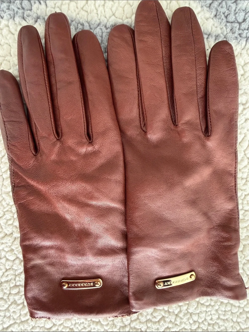 Burberry Brown Leather Gloves Nova Check Lining Women’s Size 7.5